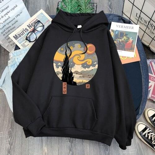 Starry Ukiyo-e Night Anime Print Hoodies Men Hip Hop Fashion Loose Hoodie Crewneck Fleece Clothes Vintage Pocket Sweatshirts