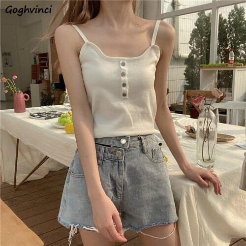 Camisoles Women Summer Knit Single-breasted Slim Tanks Top Strap Korean-style Sexy Womens All-match Camis Sleeveless Trendy Chic
