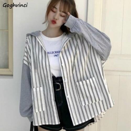 Shirts Women Striped Patchwork Long Sleeve Hooded Coats Leisure Womens Shirt Chic Daily Outwear Harajuku Korean Style Loose New