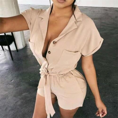 Women Summer Turn-down Collar Overalls with Waistband Solid Color Short Sleeve Playsuit Khaki/ Black/ Army Green
