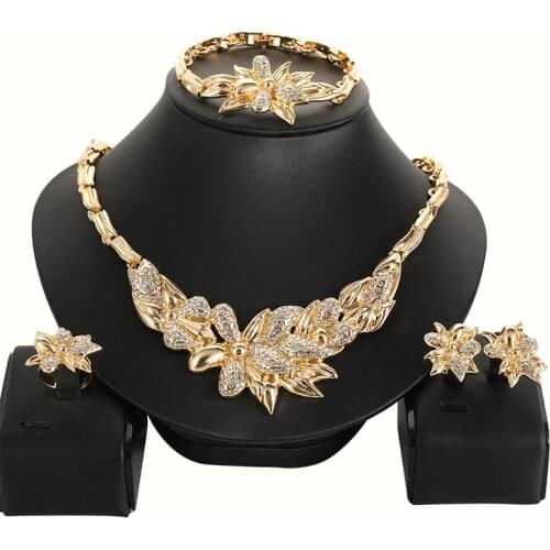 Crystal Flowers Jewelry Sets Dubai Women Necklace Earrings Bangle Ring Wedding Rhinestone Bridesmaid Gifts with Wedding Dress