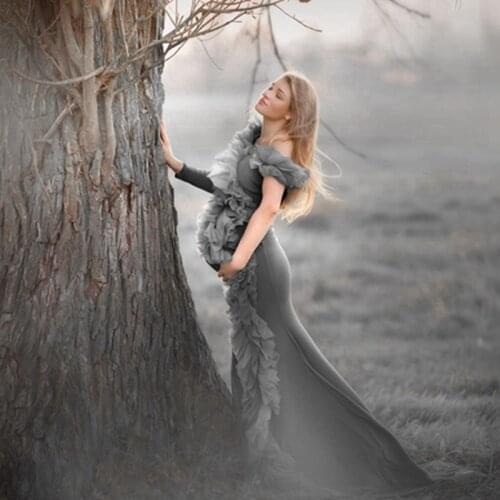 New Arrival Dark Gray Mermaid Pregnant Women Dress Plus Size Charming One Shoulder Ruffles Tulle Maternity Dress Long Robes