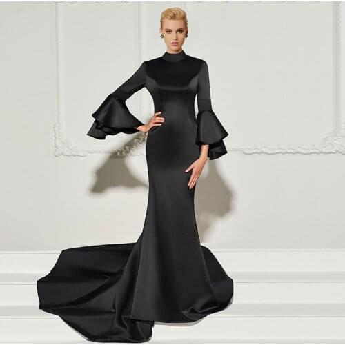 Tanpell high neck evening dress black full sleeves court train gown women backless formal mermaid plus customed evening dresses