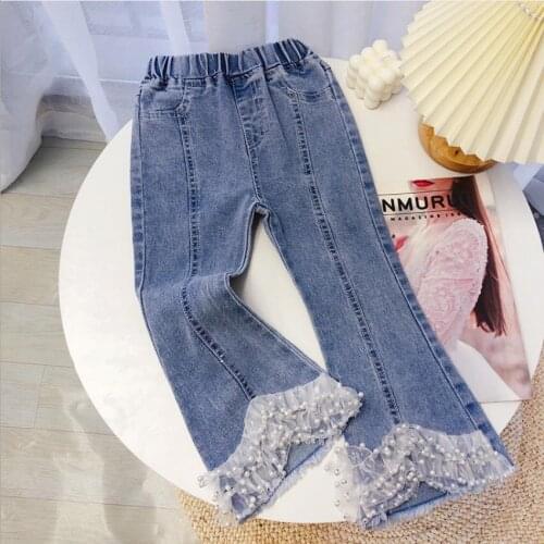 2021 spring autumn new Beaded Flare Jeans for baby girl children fashion denim pants kids trousers 3-10 years teenage jeans wz25