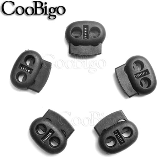 50pcs Plastic 5mm 2 Hole Stopper Cord Lock End Toggle Bean Clip Black Push Lock for Outdoor Backpack Paracord Cord Lanyard Parts