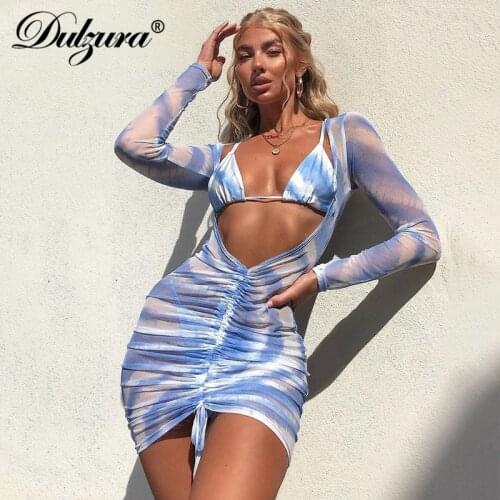 Dulzura tie dye mesh sheer drawstring ruched women 2 pieces set bra mini dress v neck bodycon sexy streetwear beach party club