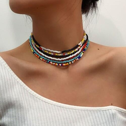 Ethnic Bohemian Colorful Acrylic Beads Chains Choker Necklace Women Multilayer Geometric Beaded Clavicle Necklace Jewelry Kolye