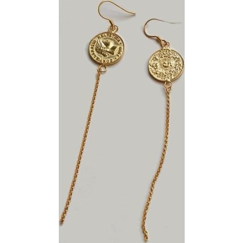 925 Sterling Silver Fine Jewelry Round Gold Coin Earrings With Long Rolo Chain Tassel Medal Charm Dangle Drop Earrings