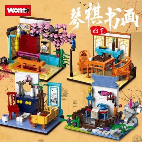 Chinese Organ Chess Calligraphy and Painting Girl DIY Four Art Ornaments Cute DIY Small Particle Building Blocks Toys for Gifts