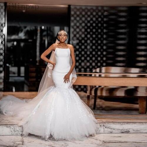 Elegant Mermaid Wedding Dresses for Bride 2021 Strapless Backless Lace up Back Sweep Train Lace Bridal Gowns vestidos de novia