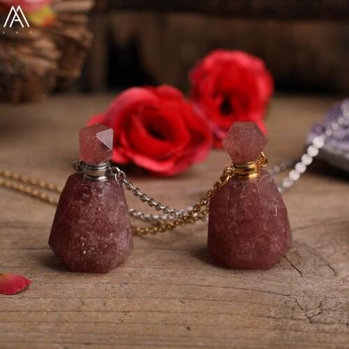 Fashion Women Natural Strawberry Quartz Perfume Bottles pendant Jewelry,Crystal Essential Oil Gold Silvery Chains Necklace Gift