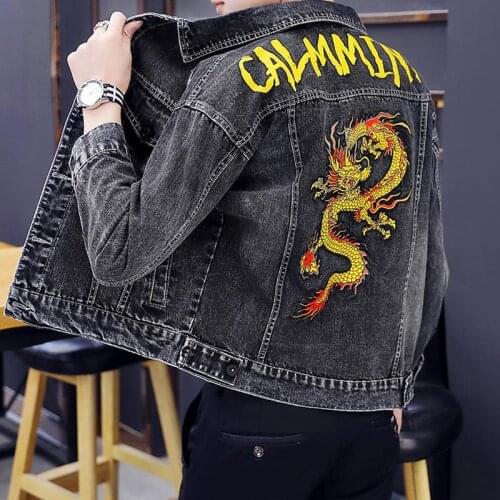 Men`s Cool Dragon Emboridery Jean Jacket Motorcycle Vintage Slim Fit Biker Jean Trucker Denim Jacket For Male