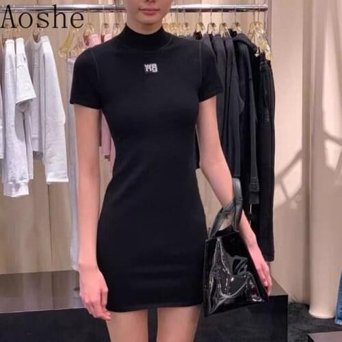 Aoshe Women New Elegant Short-Sleeved Knitted Female Dress Letters Embroidered Knitted Slimming Basic Bodycon Midi Lady Dresses