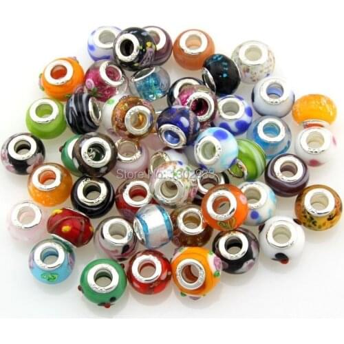 Wholesale 50pcs /Lot Mixed Murano Glass Lampwork Beads Big Hole Silver Color Core For European Charm Bracelet GH1