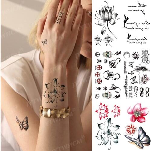 Transfer Temporary Tattoo Stickers Black Flower Fake Tattoo For Woman Waterproof Chinese Characters Tattos Phrases Art Stickers
