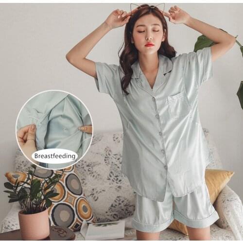 Summer Thin Ice Silk Postpartum Short-Sleeved Sleepwear Pregnancy Home Service Breastfeeding Pregnant Women Pajamas Suit