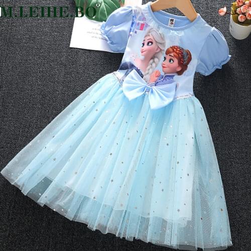 Girls Dress Summer Short-sleeved New Frozen Elsa Princess Net Gauze Tutu Dress Childrens Party Birthday Christmas Dress 2-9Y