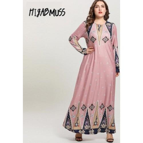 Muslim Oversized Size Woman Dress New Fashion Knitted Long-sleeved Ethnic Printed Stretch Long Skirt Moroccan Arabic Costume