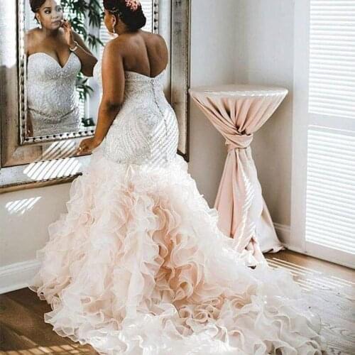 Custom Size Plus Size Pale Pink Sweetheart Heavy Beaded Mermaid Wedding Bridal Gowns Lace Wedding Dresses New