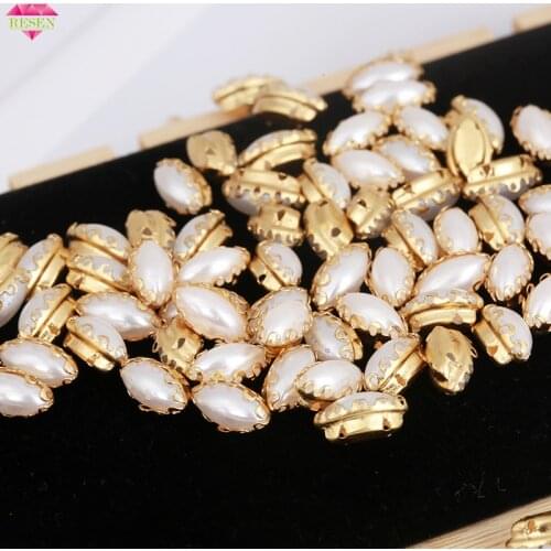 RESEN 5x10mm Horse Eye Sew On Pearl Claw Rhinestones Flatback Gold Claw Base Sewing ABS Pearls For Garments