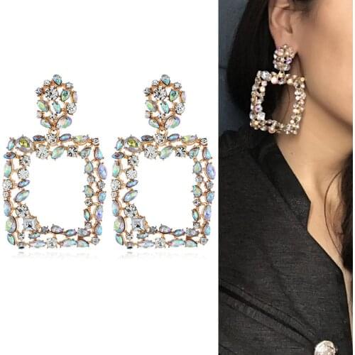 RAVINOUR 2018 Brand New Dangle Earrings Women Jewelry Big Square Crystal Long Earings Wedding Gift Punk Handmade Vintage Brincos