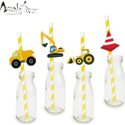 Construction Trucks Theme Party Paper Straws Digger Drinking Paper Straws Festival Event Birthday Party Decorations Supplies