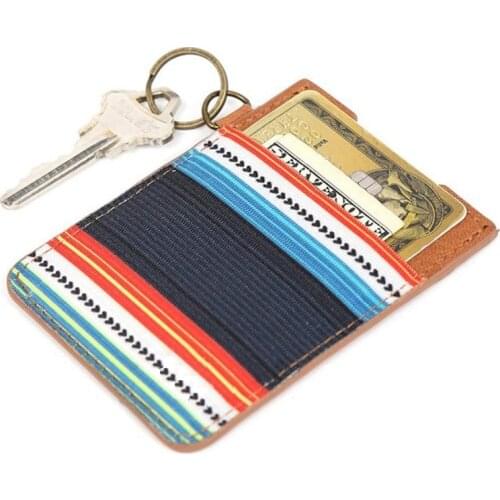 Genuine Cow Leather Unisex Printing Slim Purse RFID Bank ID Card Case Credit Holder with Key Ring Money Bag Small Elastic Wallet