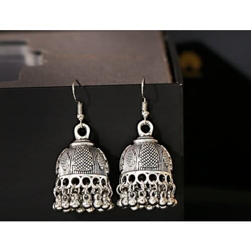 Vintage Ethnic Tassel Indian Earrings Jhumka Antique Silver Color Carved Big Bell Drop Hanging Earrings For Women Gypsy Jewelry