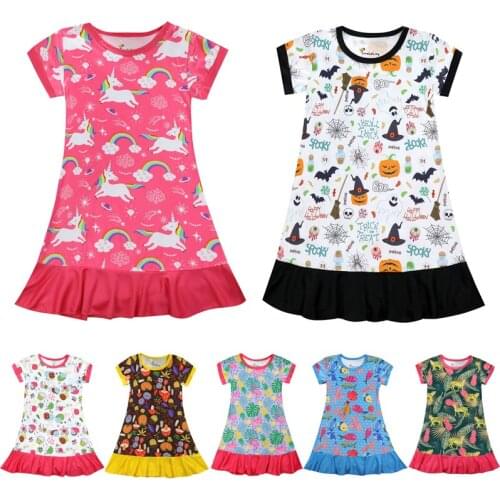 VOGUEON Cute Cartoon Girl Summer Dress Short Sleeve Ruffle Children Clothes Halloween Unicorn Dresses for Kids Milk Silk Vestido