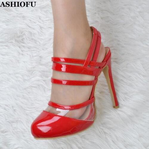 ASHIOFU Handmade Ladies High Heel Sandals Slingback Patent Leather Party Prom Shoes Wedding Evening Fashion Sandals Shoes XD034