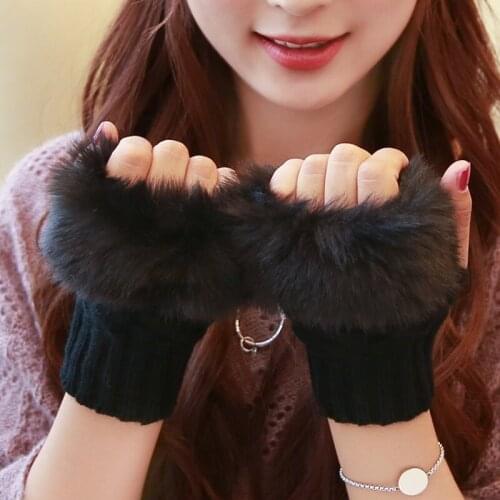 Women Gloves Korean winter students cute female dew refers imitation rabbit hair wool half finger thicker warmth