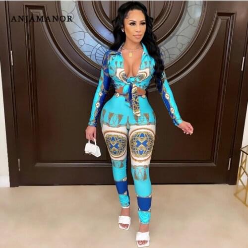 ANJAMANOR Sexy Print Two Piece Set Top and Pants Fall 2021 Womens Fashion Bodycon Outfits Clubwear Wholesale Clothes D42-DE32