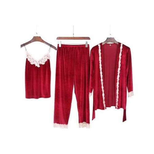 Women autumn winter fashion pajama set high grade velvet floral embroidery nighties bathrobe & pyjama set sexy nightwea
