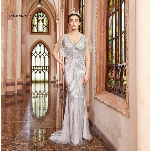 Lemon joyce Formal Evening Dresses Long 2020 Elegant V-neck Backless Beading Mermaid Evening Party Gowns Plus Size