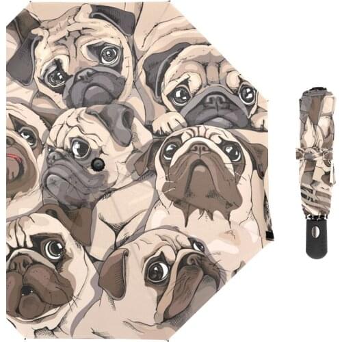 Fully Automatic Umbrella Funny Pugs Windproof Three Folding Umbrella For Men Women Rain Sun Protection Portable Parasol 8 Ribs