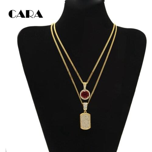 CARA New necklaces set mens bling bling full crystal dog tag & big red stone pendant necklace mens hip hop necklace set CAGM0061