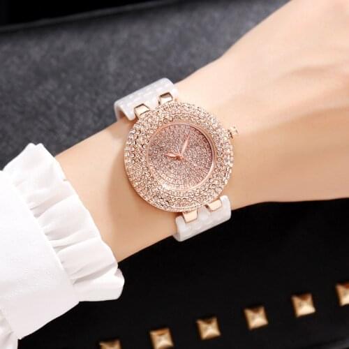 2021 Top Brand Shiny Diamond Large Dial Quartz Watch for Ladies Waterproof White Powder Ceramic Strap Wrist Watch Relojes Mujer