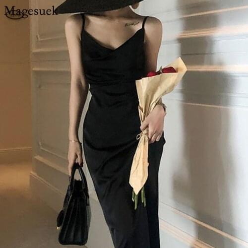 Elegant French Party Dress 2021 Satin Woman Sleeveless Spaghetti Strap Summer Dress Black Fashion Casual Straight Clothing 13296