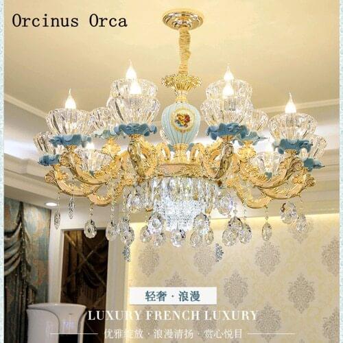 European luxury romantic Blue Crystal Chandelier living room dining room bedroom French alloy ceramic color painted crystal lamp