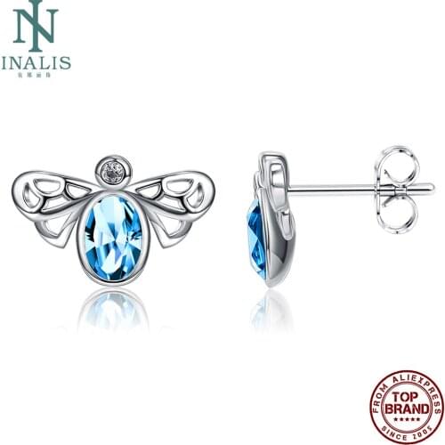INALIS Insects Women Earrings Inlay Oval Blue Austrian Crystal Stud Earring Romantic Valentine Day Jewelry Gift Send Girlfriend