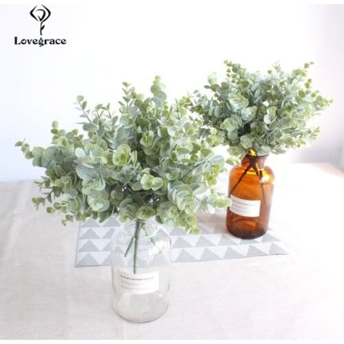 Artificial Plastic Plants Leaves Tree White Green Eucalyptus Branch Bouquet for Garden Wedding Decoration Faux Fake Foliage