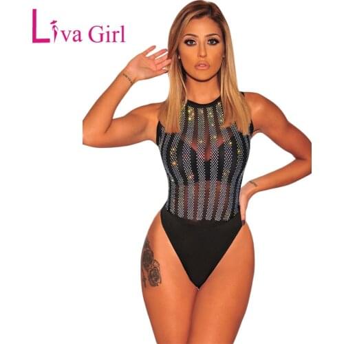 LIVA GIRL Black Sheer Striped Mesh Iridescent Rhinestone Bodysuit Women 2019 Sexy Bodycon Sleeveless Bodysuits Female Body Tops