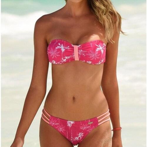 Summer Women Sexy Bikini Set Print Strapless Backless Swimsuit Swimwear Push Up Padded High Waist Bathing Suit Beachwear Hot