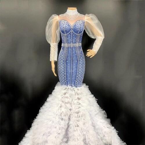 Singer Beyonce Performance Costume One-Piece Dress Jeans Printed Full Pearl Birthday Evening Party Dress Fishtail Skirt VDB2318