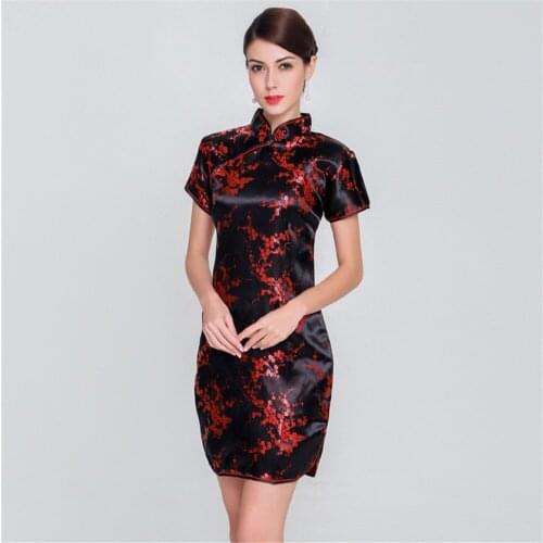 Fashion Black Red Chinese Womens Satin Mini Cheongsam Qipao Dress Flower Plus Size S M L XL XXL XXXL 4XL 5XL 6XL J4031