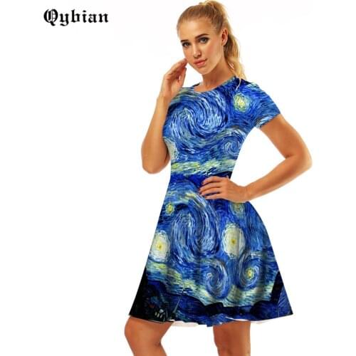 Qybian Summer Dress Women High Waist 2018 Casual Short Sleeve Van Gogh Printed Dress Sexy Slim Elegant Pleated Dress Female