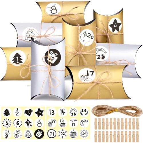 24sets Merry Christmas Gift Boxes Golden Silver Pillow Shape Kraft Paper Candy Box Xmas Party Deco Packing Bag Set with Stickers