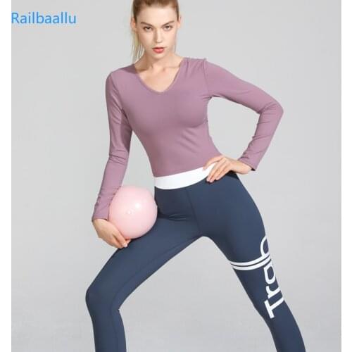 Railbaallu 2 Pieces Sets Women Active Fitness Long Sleeves Shirt+Leggings Sports Wear Yoga Suit