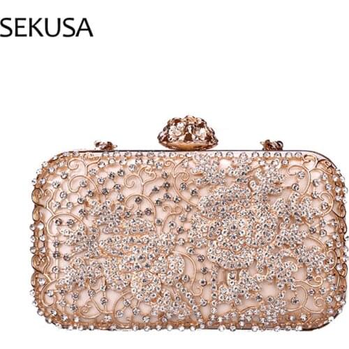 Luxurious Style Hollow Diamonds Evening Bags Golden Small Day Clutch Sating Metal Flower Flap Party Purse