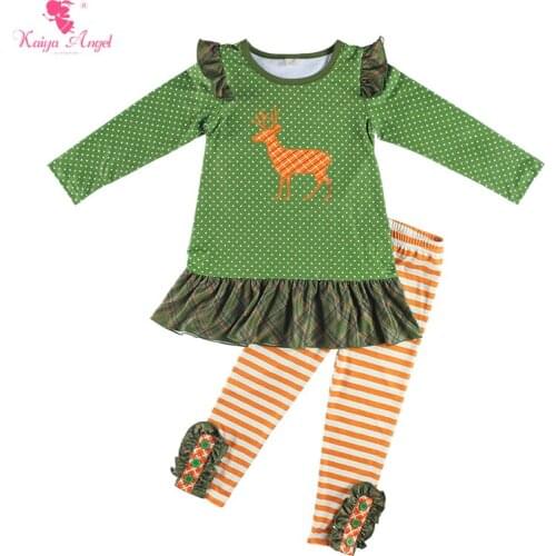 Kaiya Angel Christmas Outfit For Kids Girl Green Bottom Tops + Striped Button Trousers Children Fall Clothing Set 5sets/lot